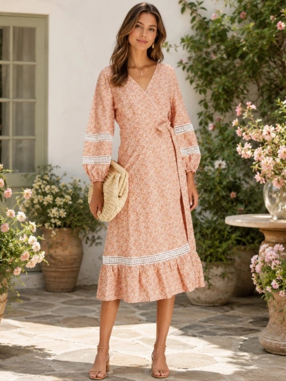 Maje Restella Linen Blend Floral Long Sleeve Midi Wrap Dress New Size 2